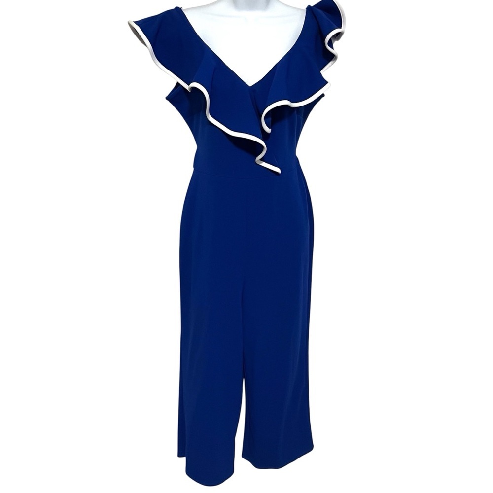 Bebe Blue Ruffle Trim Jumpsuit Size Small Formal Business Pants Suit Tie Front